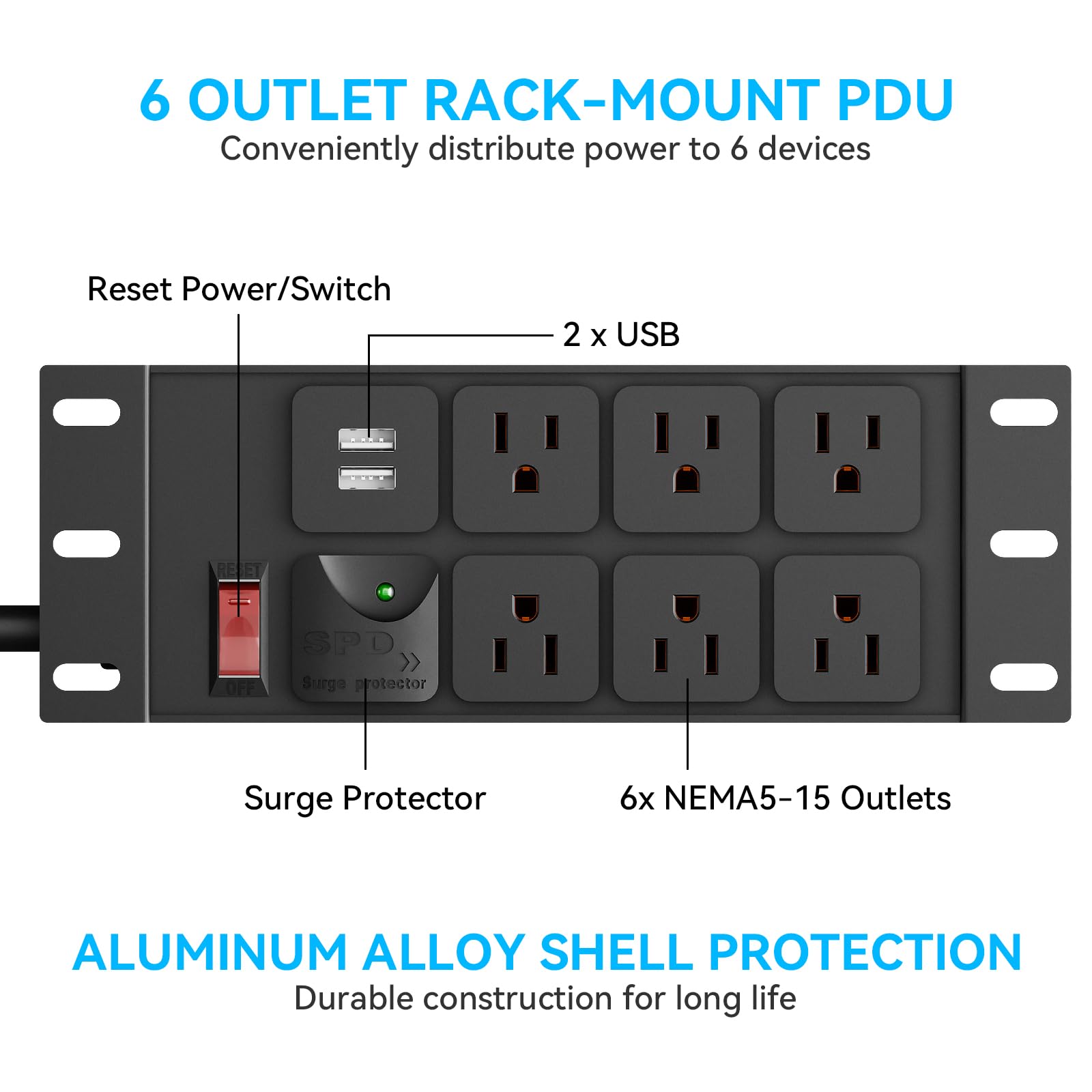 PDU para rack de 10 pulgadas, 2U (6 tomas), unidad de distribución de energía en rack con protección contra sobretensiones 1020J (cable de 125 V/15 A 14 AWG) y 2 USB-A, montaje en rack para 10