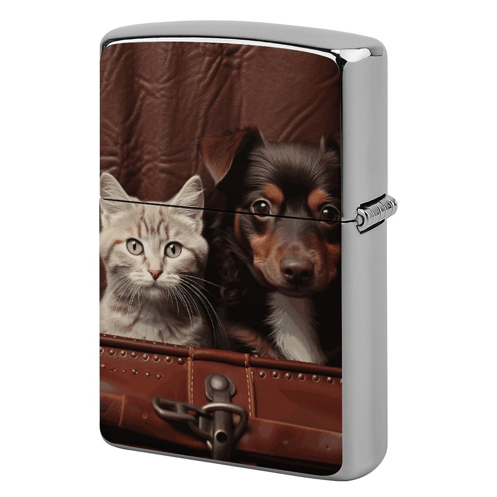 Cat and Dog Sitting in Leather Pocket Lighter Case for Men, Personalized Lighter Cover for Valentine's Day Gifts, Flip-Top Lighters Shell for Outdoor, Portable Lighters Protective Sleeve