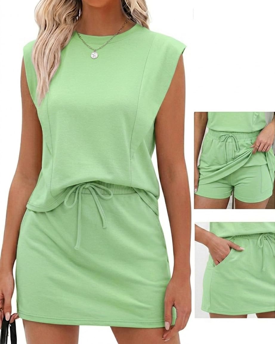 CHICME Women's 2 Piece Outfits Plain Short Sleeve Top and Casual Decor Drawstring Elastic Waist Skort Set