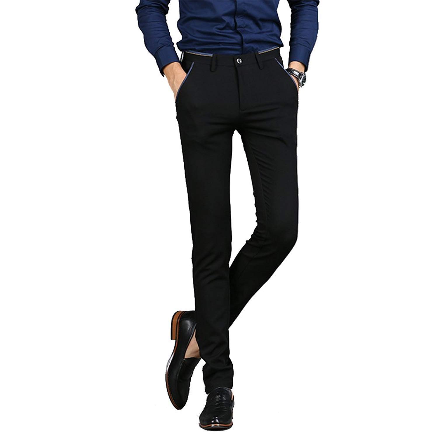 Mens Stretch Dress Pants Slim Fit Suit Pant Flat Front Trousers for Men Black 32