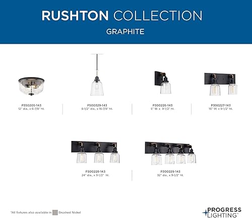 Miniatura 12 de Progress Lighting Rushton Collection - Lámpara de tocador de baño de cristal transparente con 2 luces, color grafito