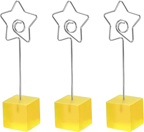PATIKIL Soporte para tarjetas con base de cubo de resina, paquete de 3 unidades con clip de metal en forma de estrella, clip de alambre para notas,