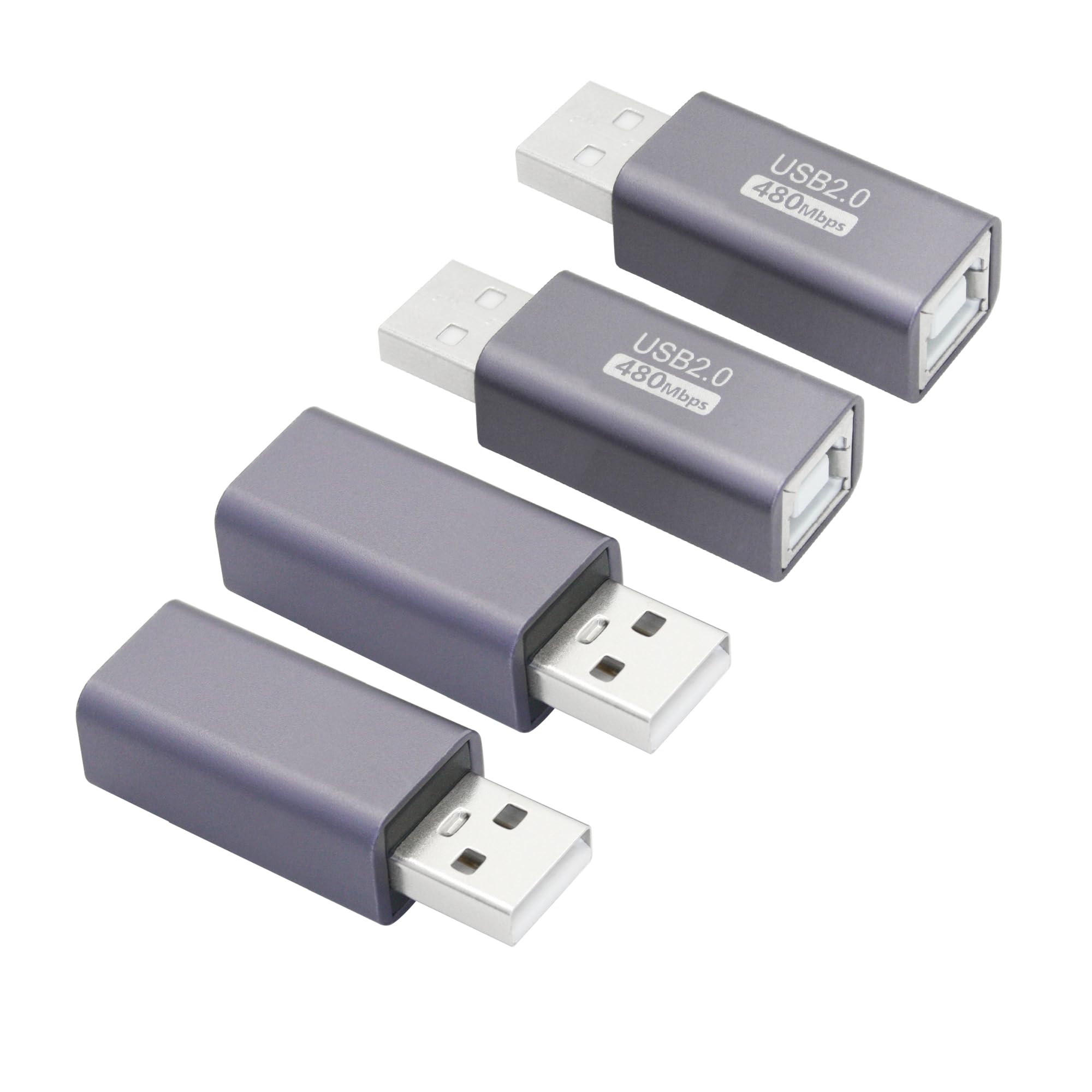 Aurorapath 4Pcs USB 2.0 B Type Connector Adapter, USB A Male to USB B (MIDI) Female Power and Data Extension Adapter, Aluminum Alloy Housing, for