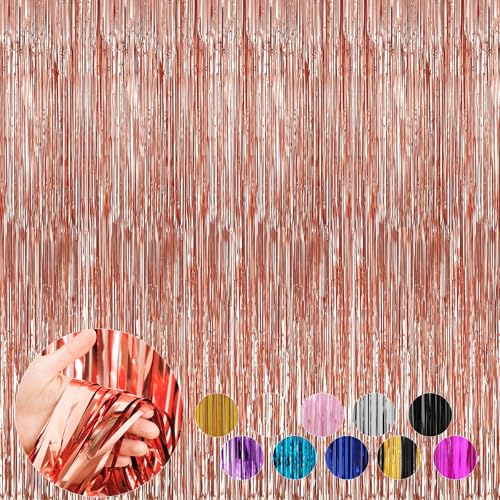Image of 4 Pack Rose Gold Foil Fringe Curtains Door Streamers Party Decorations 3.3 x 8.2 ft, Tinsel Curtain Fringe Backdrop for Parties, Door Fringe Birthday Streamers, Photo Booth Backdrops, Party Decor