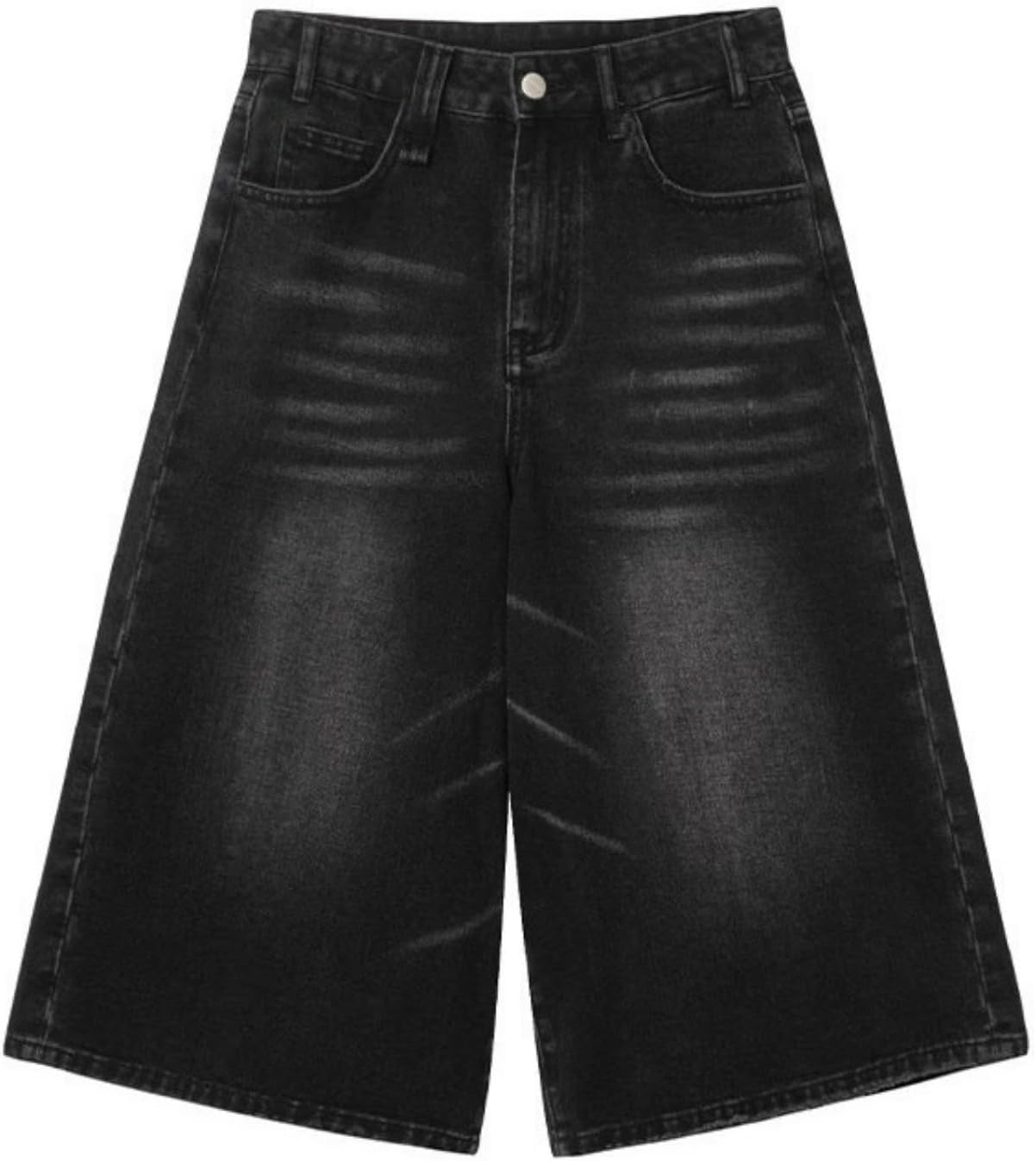 Men's Loose Fit Wide Leg Denim Shorts, Distressed Black Jean Bermudas, Casual Hip Hop Style Summer Pants