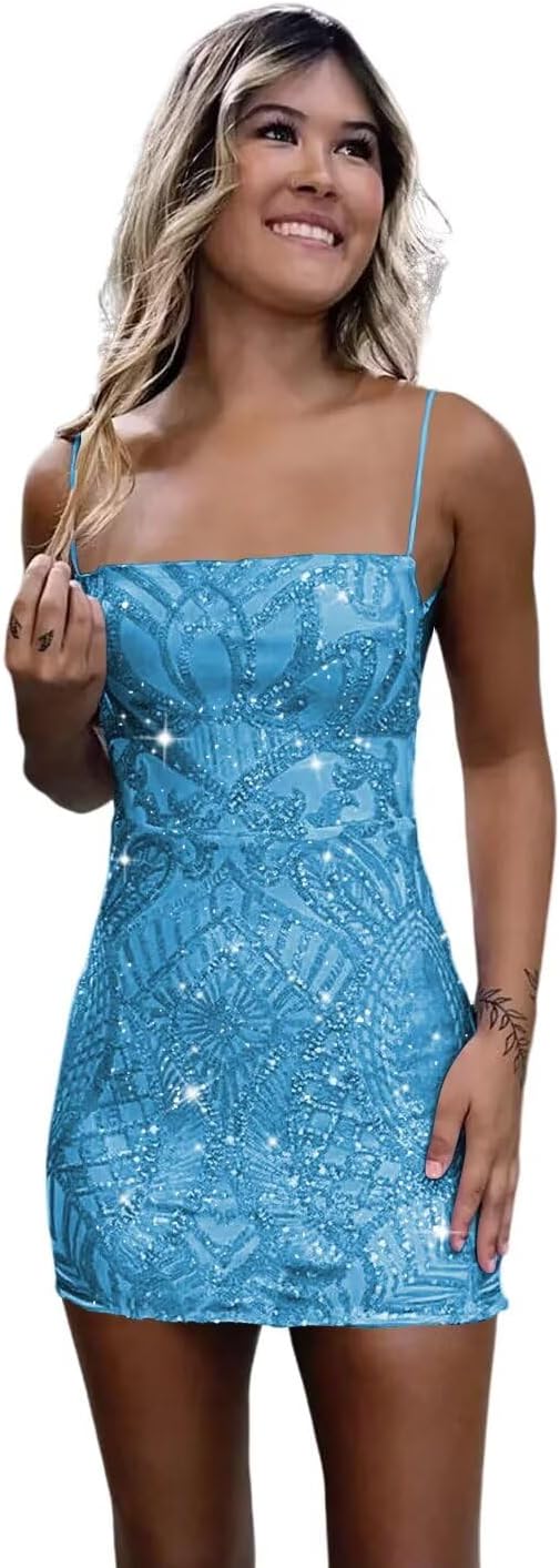YMSHA blue sequin mermaid mini homecoming prom dress for teens
