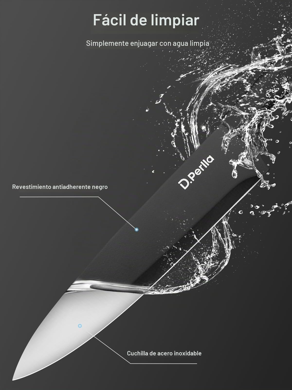 D.Perlla Juego de Cuchillos de Cocina Profesional 6 piezas Cuchillos Acero Inoxidable Cuchillo Chef Mango Ergonómico, Negro