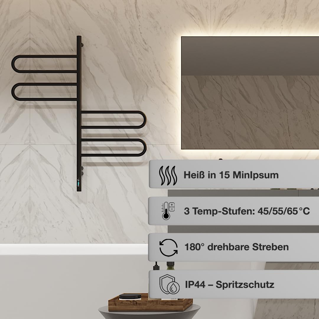 Elna® Handtuchheizkörper Elektrisch Schwarz Matt 102x46 cm, 125W - Badheizkörper Elektrisch Handtuchwärmer Edelstahl 304 mit Timer & Thermostat, IP44-4 Schwenkarme - Handtuchtrockner zur Wandmontage