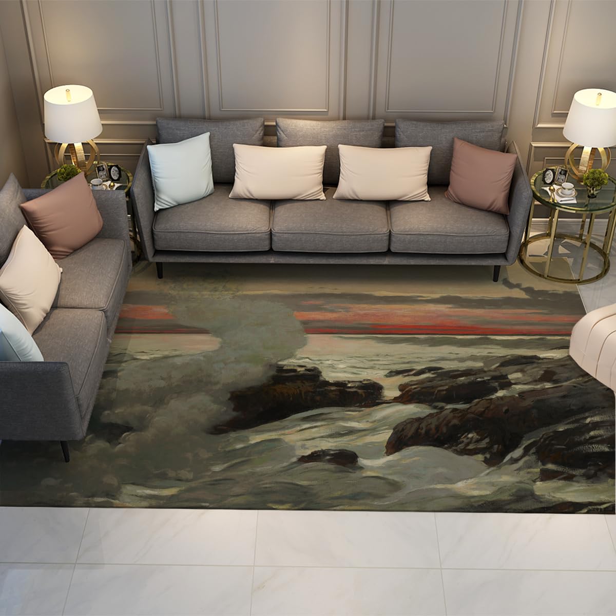 Tapis ultra-doux imprimé gris ocean waves vintage coastal lavable 120x180