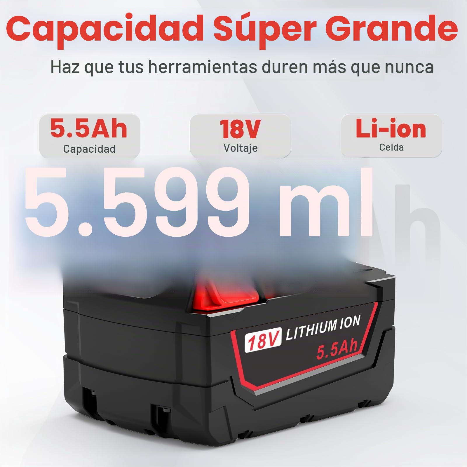 2 baterías de 18 V 5,5 Ah para Milwaukee, batería de ion de litio de repuesto para Milwaukee M18 Batería compatible con Milwaukee M18B XC 48-11-1815 48-11-1820 48-11-1850 2601 2610 2611 2620