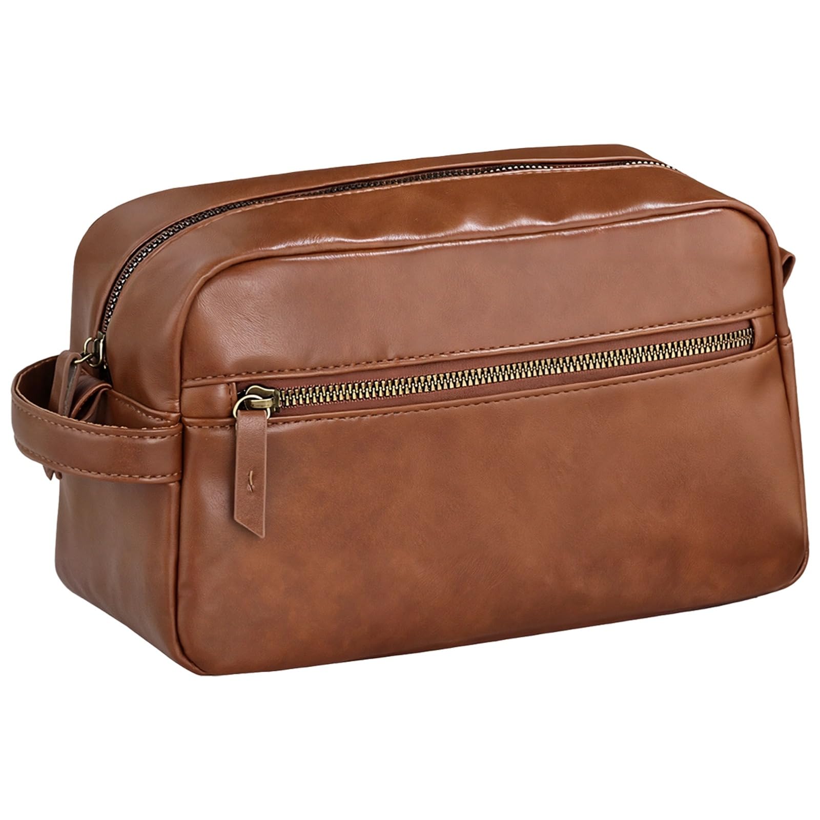 Neceser para hombre de piel sintética marrón de 25 x 10,5 x 14,5 cm, bolsa de aseo de viaje, bolsa de aseo con múltiples compartimentos, para viajes de negocios y uso diario