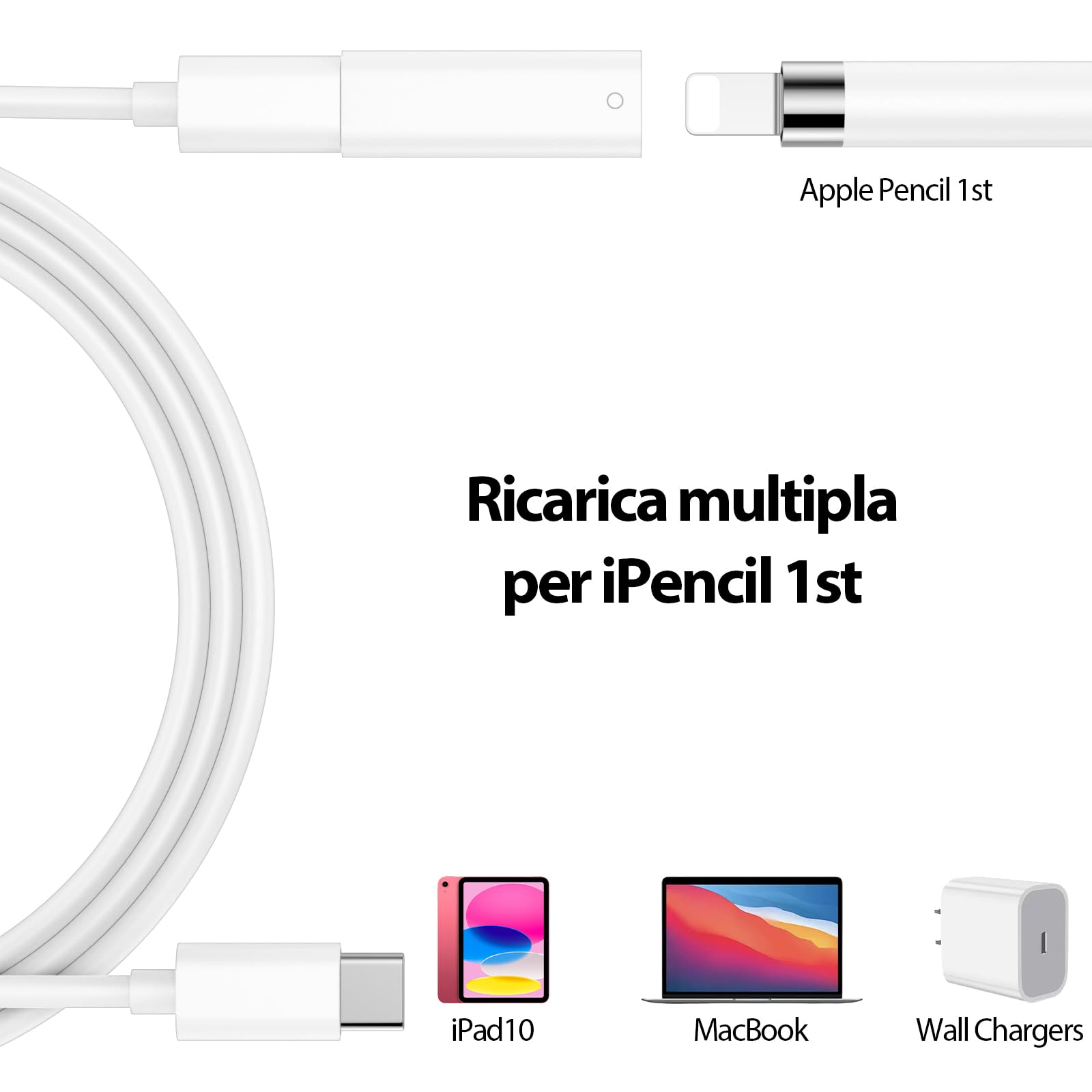 Adattatore USB-C per Apple Pencil 1 Generazione, Supporta Bluetooth per iPad 10 2022 e iPad 11 2025, Caricatore USB C, Bianco