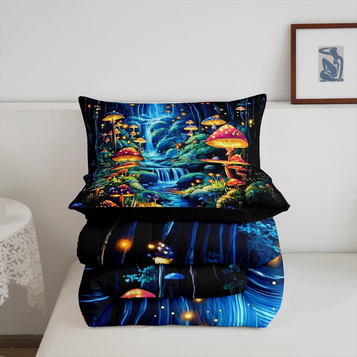Feelyou Beautiful Scene Comforter Set King Size Boho Comforter for Boys Girls Teens Wild Mushroom Stuff Bedding Set Mountain Duvet Set Room Decor Acid Blue Quilt Set