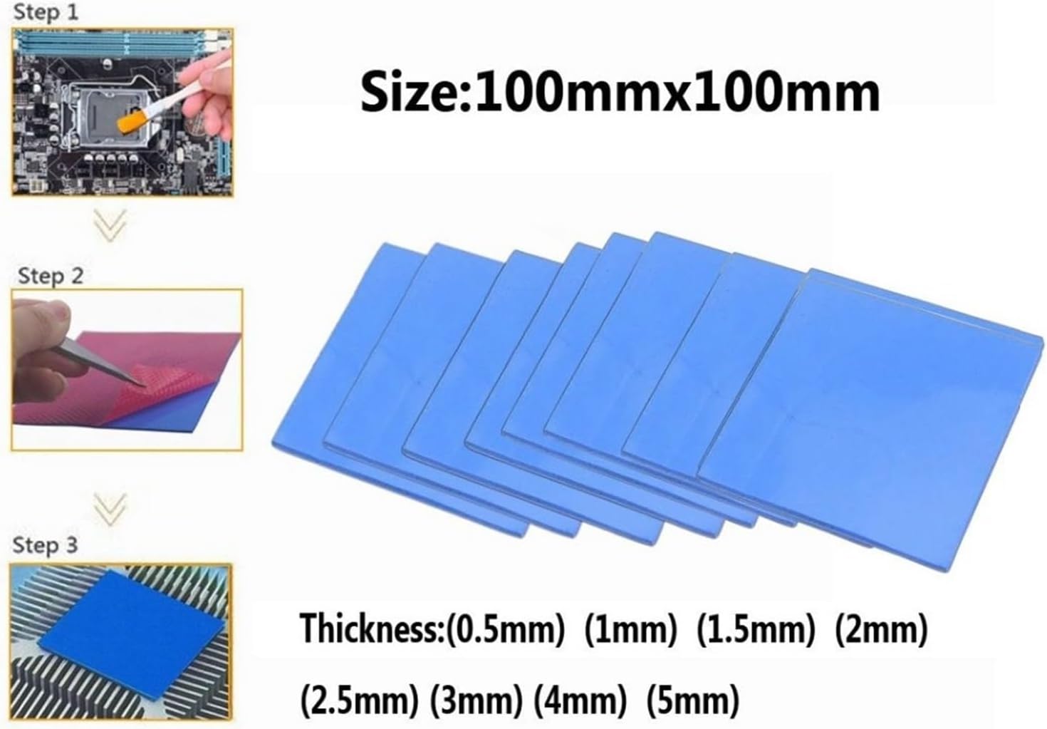 Thermal Conductive Silicone Pads 8pcs/Set 8Size 100x0.5,1,1.5,2,2.5,3,4,5mm Blue White Chip Conductive Silicone Heatsink Thermal Pad(8pcs100X100X2mm)