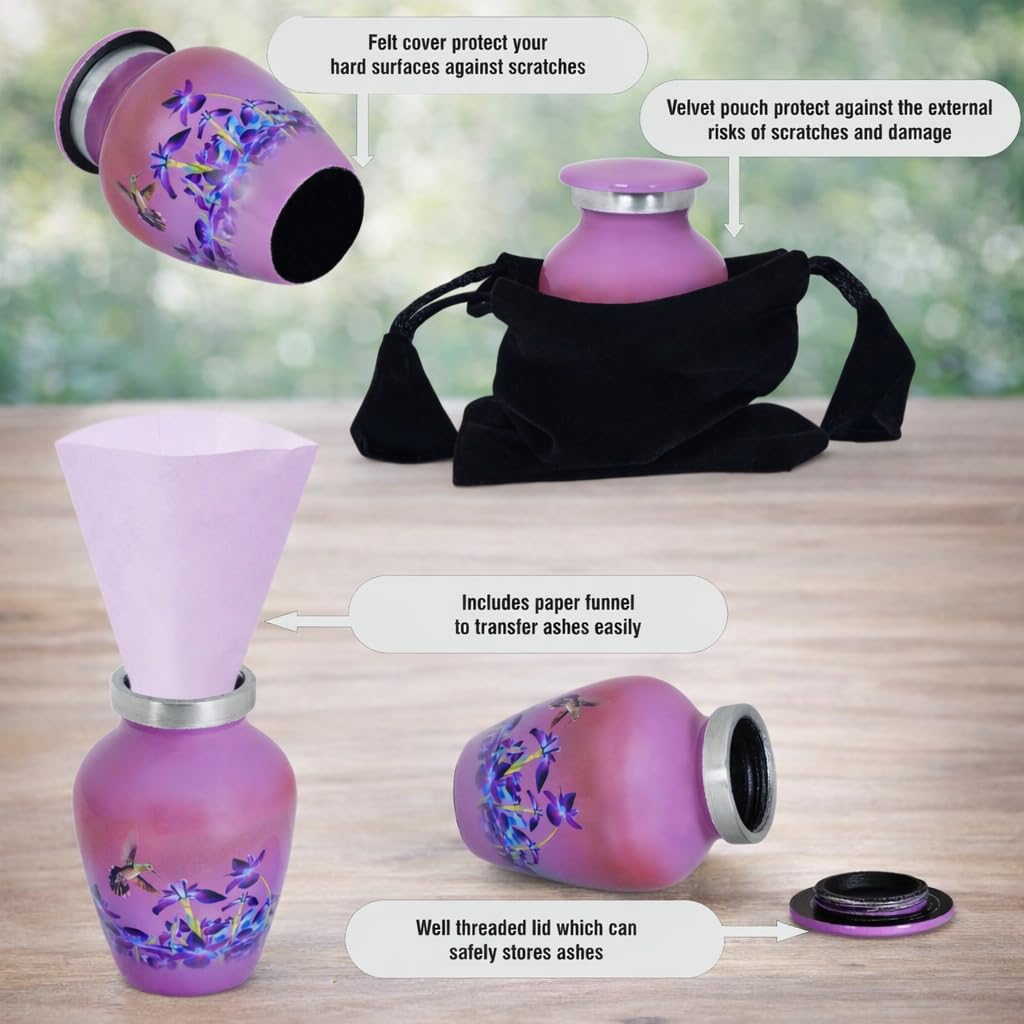 Pequeña urna de cremación de Recuerdo Divit Shilp con Estuche de Terciopelo | Elige Entre Colores únicos | Encantadora Mini Prenda metálica para Cenizas humanas. (Keepsake, Hummingbird Purple)