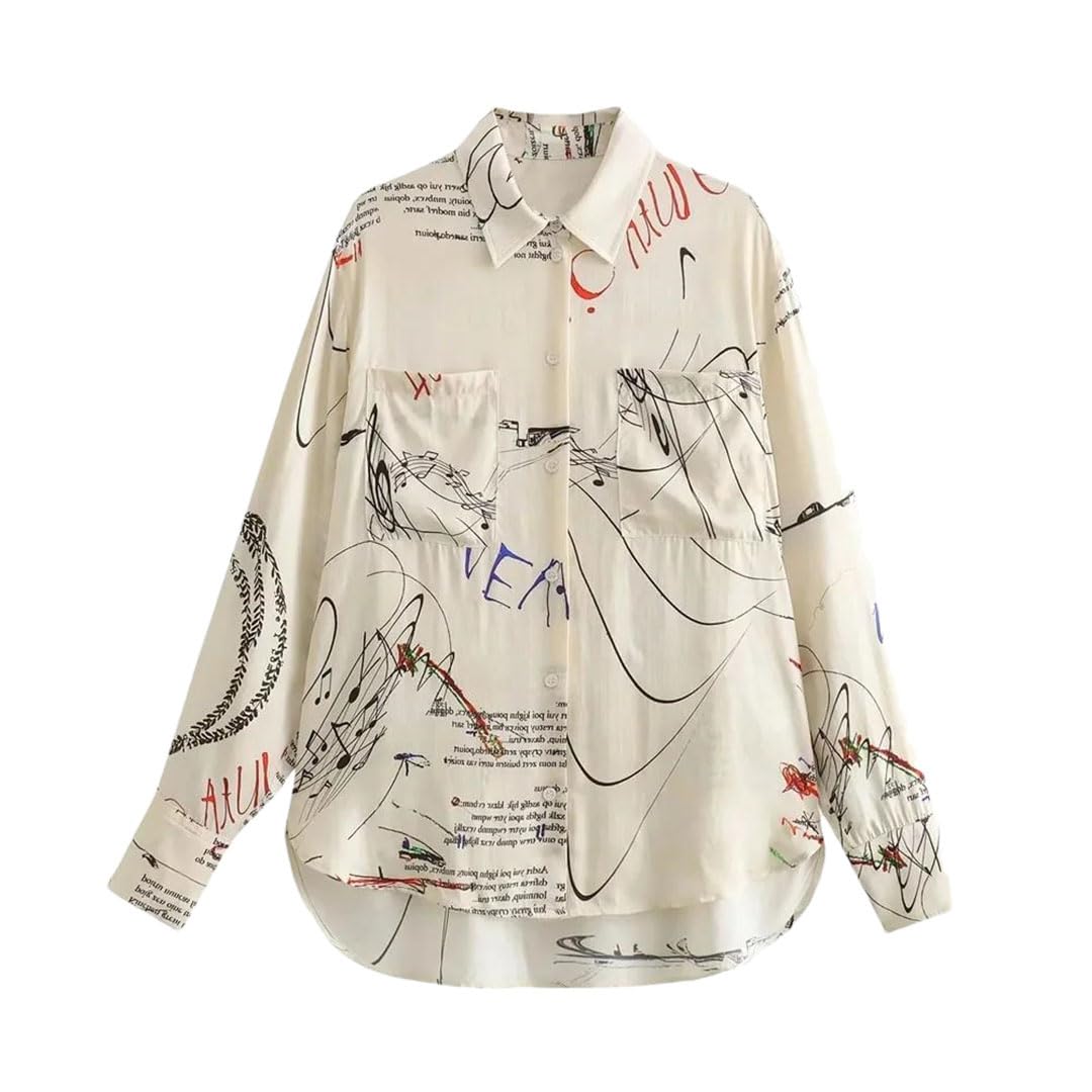 Primavera Donne Retro Loose Graffiti Stampa Polo Colletto Manica Lunga Camicia