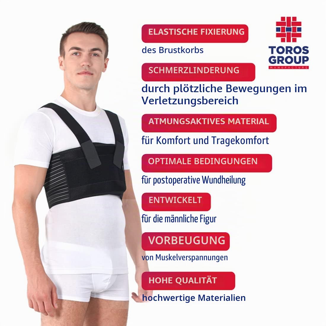 TOROS-GROUP – Brustgurt für Männer - Corset – Rippenbandage – Brust-Korsett mit Hosenträger für Postoperative Rippen- und Brustbeinverletzungen – S, Schwarz