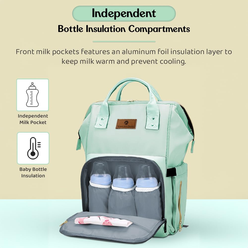 StarAndDaisy Diaper Bag for Mothers for Travel – 27L Lightweight Waterproof Leatherite Diaper Bag/Baby Bag for Mother Travel with 15 Multi-Purpose Pockets & Quick Access Diaper Pocket - Green 1