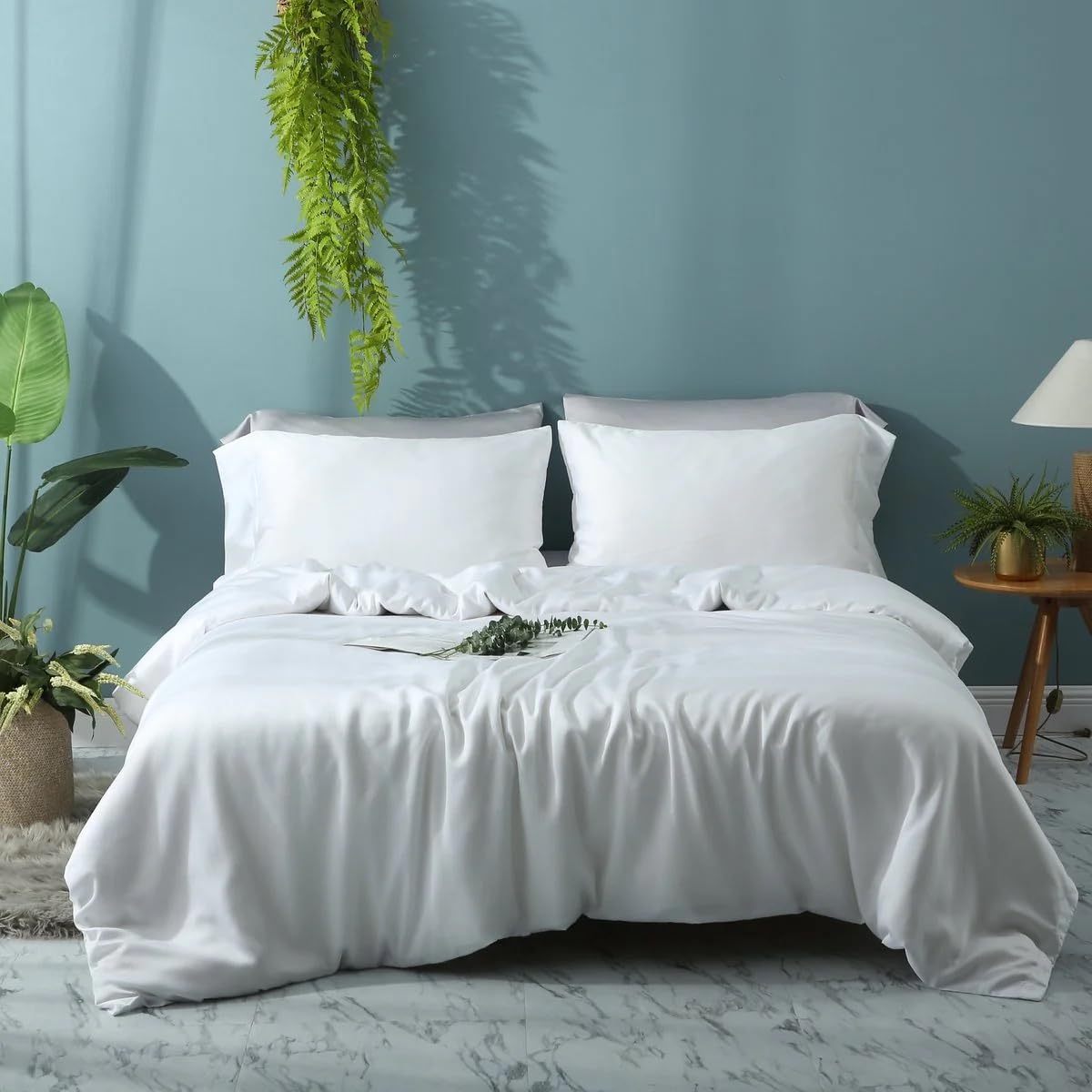Waterlily 100% Bamboo Lyocell Bedding Set 3 Pcs Duvet Cover & Pillowcases Double King Organic Natural Soft Vegan Silk Luxury Bed Linen (White