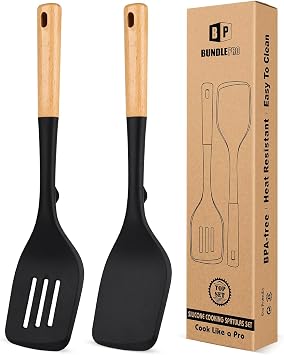 Pack of 2 Large Silicone Spatula, Heat Resistant Solid Turner, Non Stick Slotted Spatulas with Wooden Handle, Ideal Kitchen Utensils for Flipping, Pancakes, Eggs, FishBlack