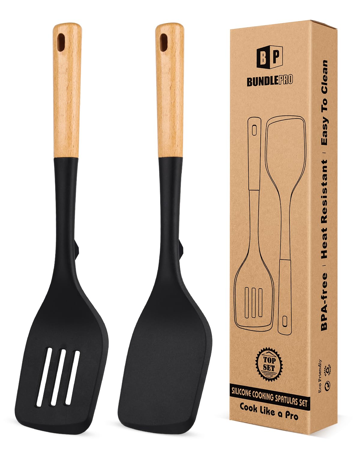 Pack of 2 Large Silicone Spatula, Heat Resistant Solid Turner, Non Stick Slotted Spatulas with Wooden Handle, Ideal Kitchen Utensils for Flipping, Pancakes, Eggs, Fish(Black)