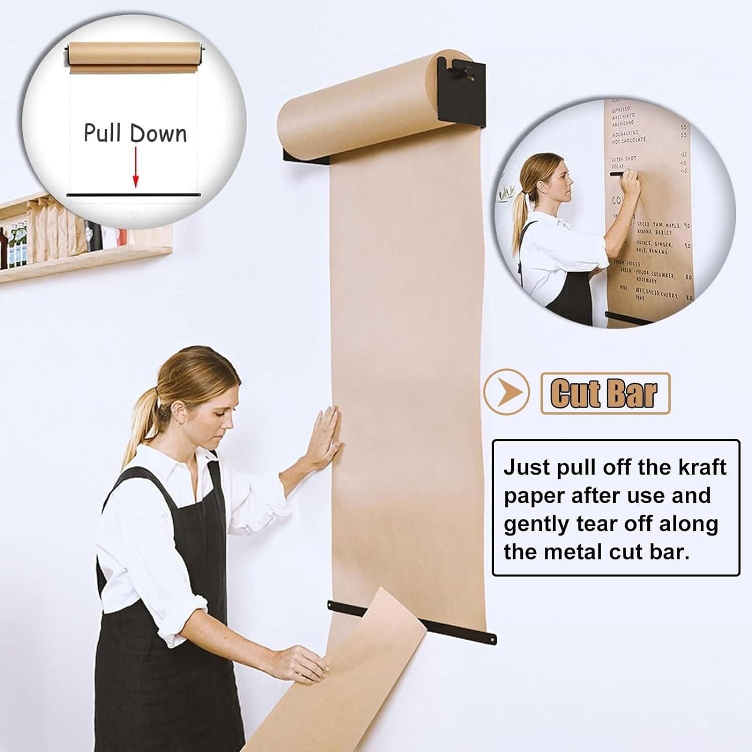 Naścienny dozownik papieru pakowego z obcinakiem do wieszaków na rolki do list/menu artykułów spożywczych w domach, szkołach i biurach(127cm/50inch wide)
