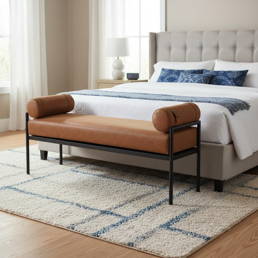 Leather Bed Bench 55 Inch Long Bedroom Bench Padded Upholstered Ottoman Bench with Removable Pillows Modern Rectangle Entryway Bench Seat for Living Room/Foyer, Brown