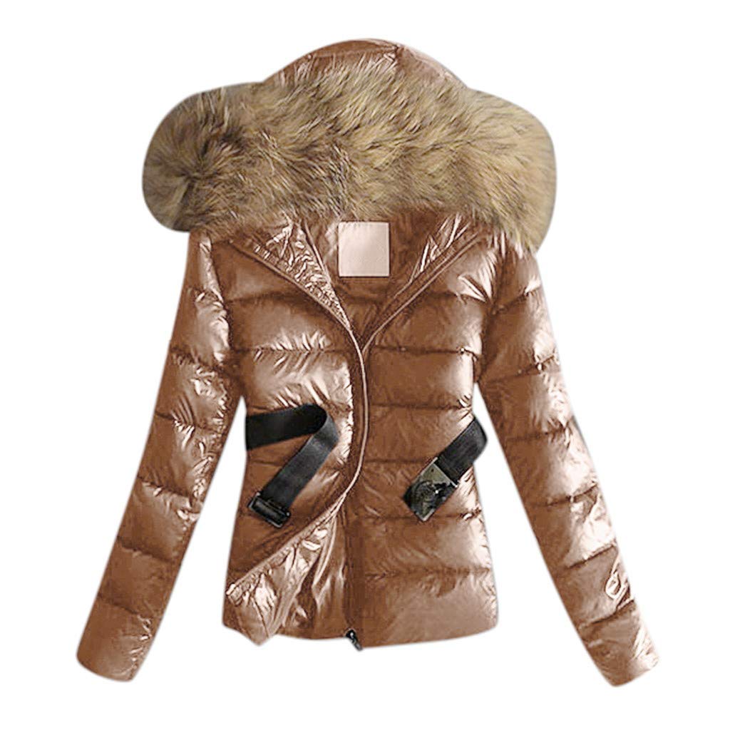 Abrigos de invierno para mujer con capucha de pelo y cinturón marrón M 5