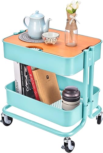 Melody House 2-Tier Metal Utility Rolling Cart, Storage Side End Table with Cover Board disponible en Yaxa Venezuela