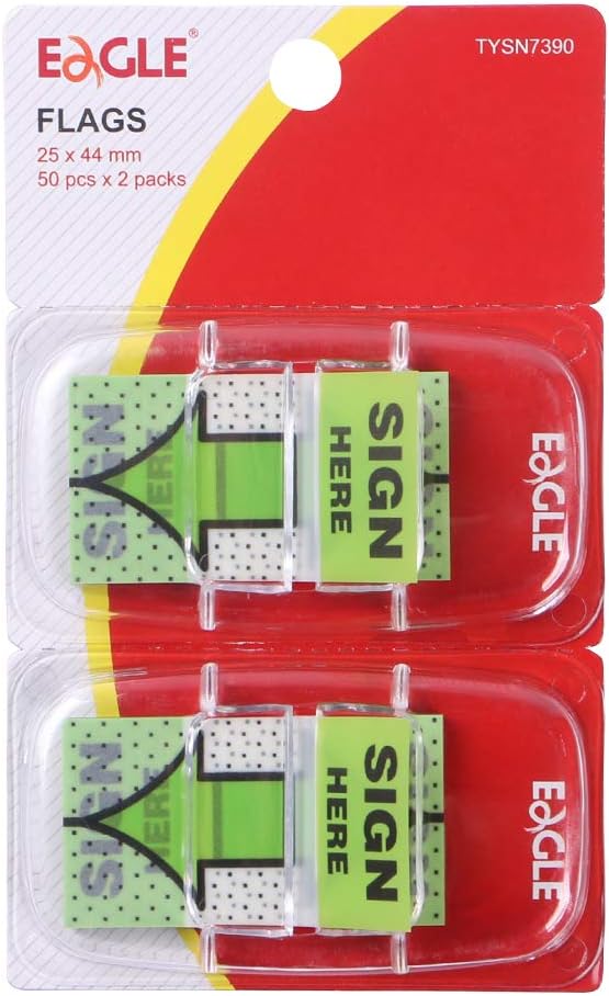 Eagle Page Markers, Flags with on-the-go Dispenser, PET Material, Printed Arrow and"Sign Here",1×1.7 Inches, 50 pcs per Dispenser,2 Dispenser per Pack, Total 100 pcs (Green)