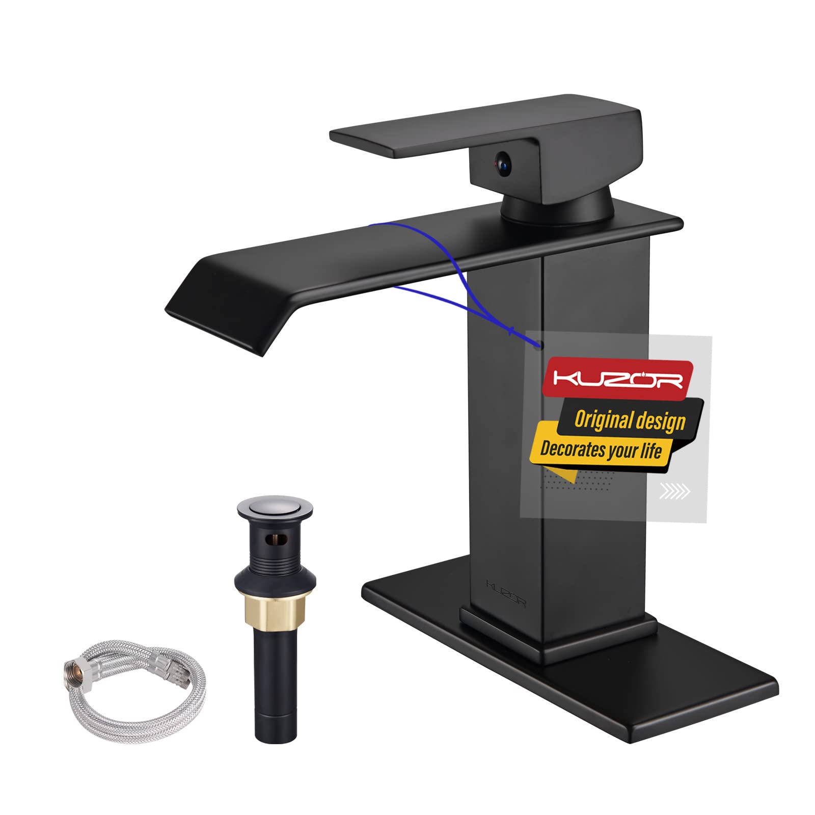 Waterfall Bathroom Sink Faucet with Pop Up Drain, Matte Black