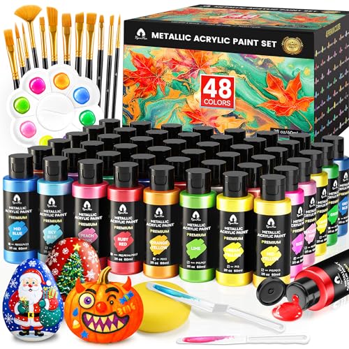 64 Pcs Metallic Acrylic Paint Set with 12 Brushes, 2 Knives & Palette, 48 Colors (2oz/60ml) - for Adults, Kids, Artists & Beginners - Canvas Ceramic Rock Wood Pumpkin Painting Kit