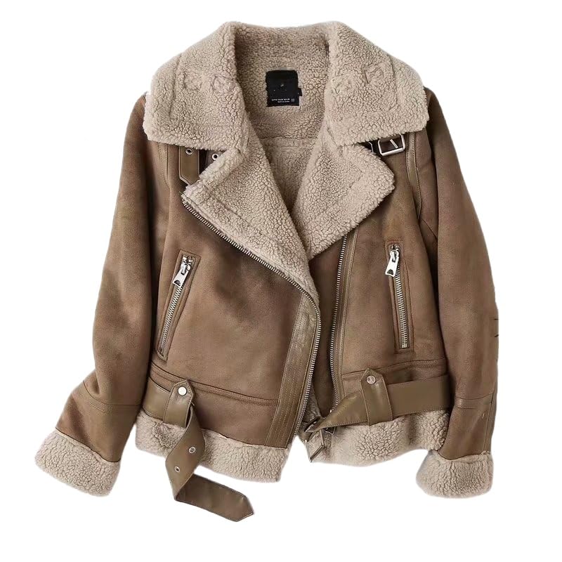 Veste En Cuir Suédé Sherpa pour Femme Veste Aviateur D'Hiver En Polaire Chaude Manteau Doublé Sherpa pour Motard Manteau En Cuir Aviateur D'Hiver À Col En Fourrure...