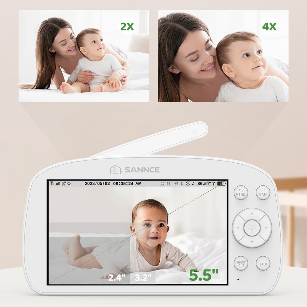 SANNCE Vigilabebés con cámara y luz nocturna – Pantalla 720P 5,5 pulgadas 1080P Baby Monitor 5000 mAh batería con alarma de temperatura, apagón, PTZ, visión nocturna por infrarrojos, recordatorio de