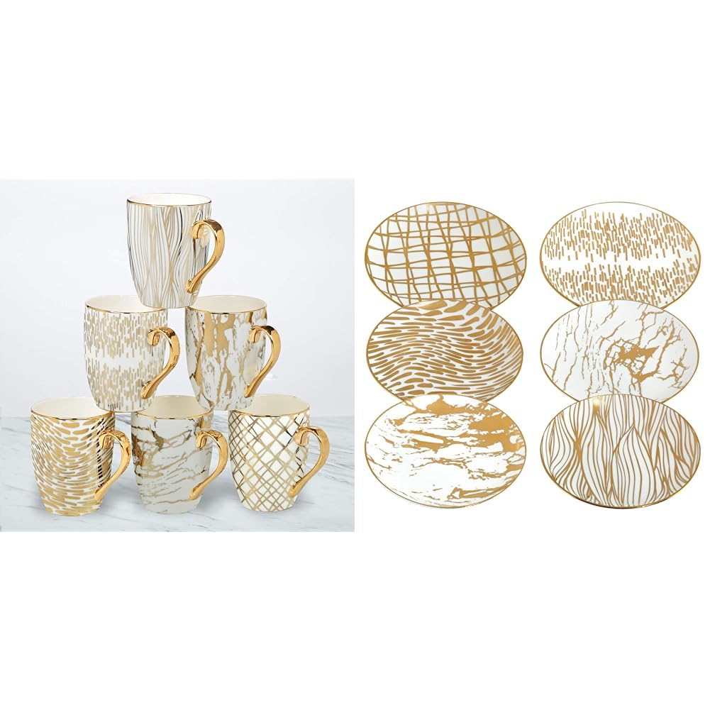 Certified International 26540SET6 Matrix 16 oz. Gold Plated Mugs, Set of 6, 5" x 3.25" x 4.5", Multicolored & Matric Matrix Gold 6" Luncheon/Canape Plates, Set of 6 Assorted Designs, Multicolor