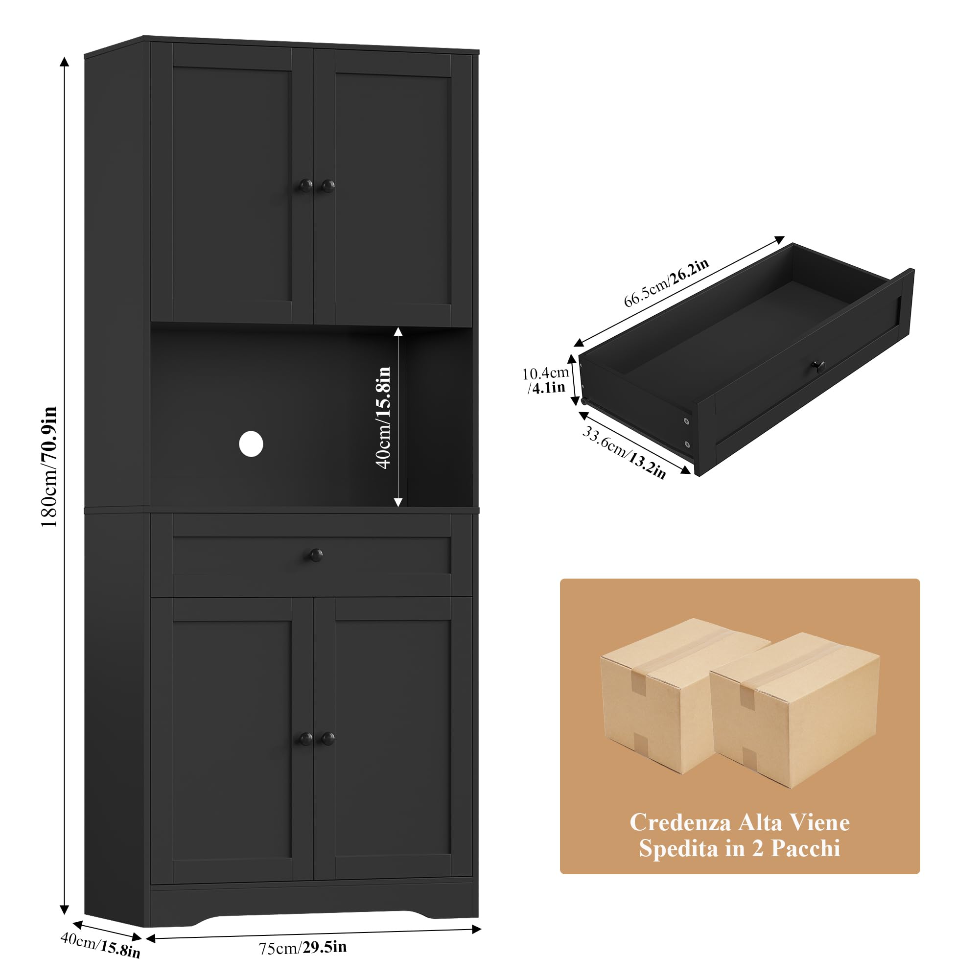 FOREHILL Credenza Cucina Alta 180CM, Mobile Dispensa Cucina con 4 Ante, Credenza Alta con Ripiani Regolabili e Grande Cassetto, Per Cucina, Bagno, Soggiorno, 75x40x180cm (Nero)