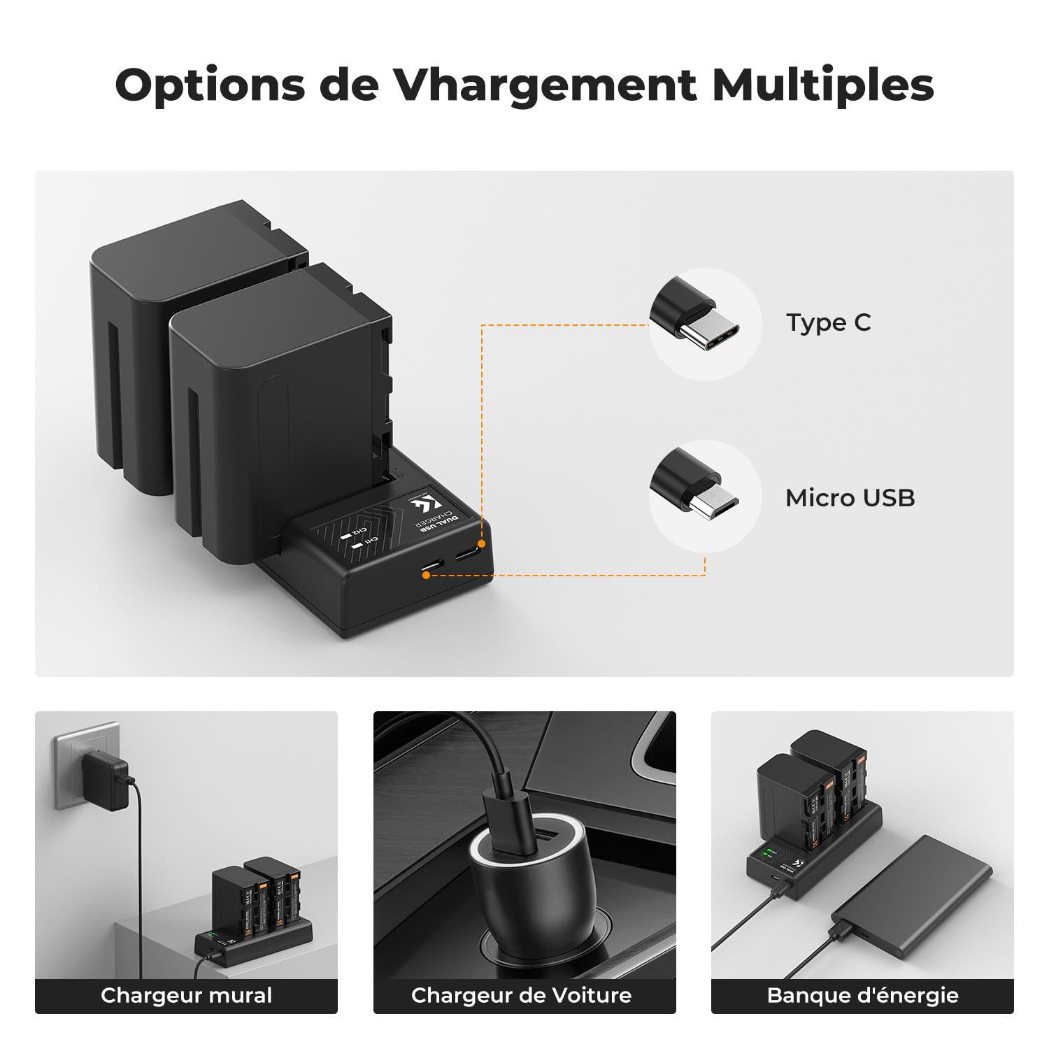 K&F CONCEPT NP-F970 Batteries 6600mAh Kit Chargeur LED Compatible avec Sony NP-F550 F570 F750 F770 F930 F950 F960 F970 pour Lampes LED Haute Puissance/Moniteur/Caméra Slider
