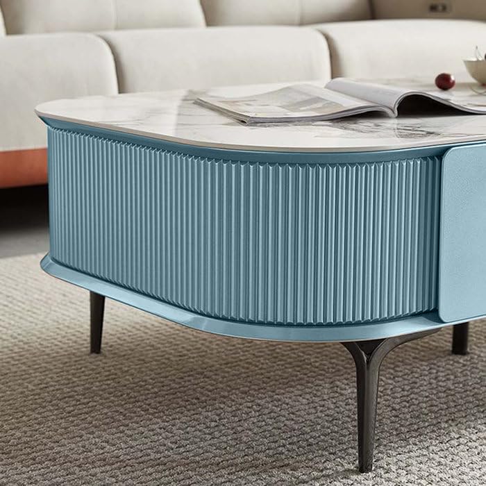 Image of WOODEN SPACE Premium Marble-Top Wooden Center Table for Living Room | Iron Legs | PVD Coating | Modern Entryway Furniture | Coffee Table - 42X24X18 in (Sky Blue)