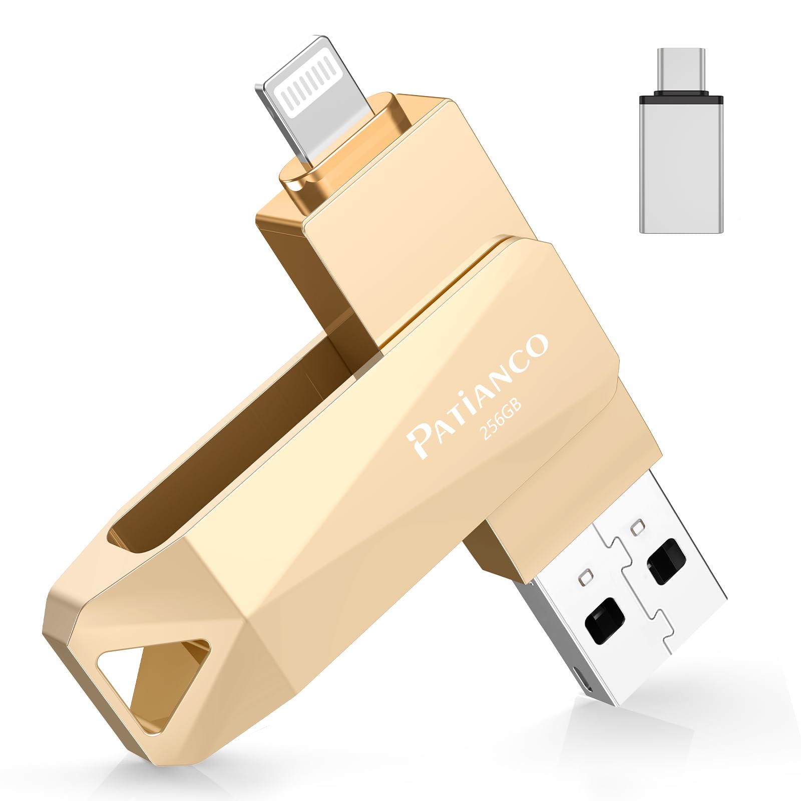 Pendrive para iPhone 256GB,[MFi Certificado] Patianco Memoria Externa USB C para iPad 3 en1 Flash Drive Externa Storage Ptotostick Lightning para OTG Android Smartphone Tablet Mac PC iOS(Oro)