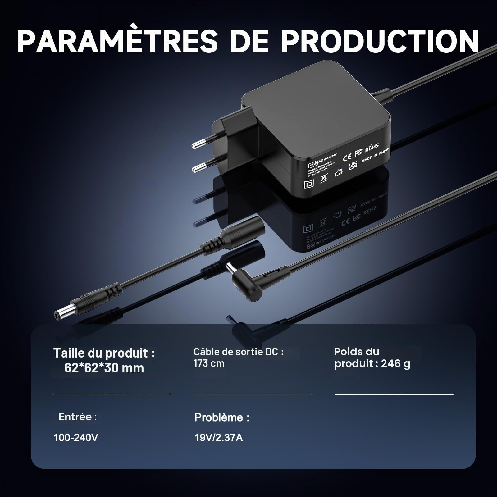Chargeur Ordinateur Portable ASUS 45W Prise 4.0 x 1.35 mm Compatible Vivobook 14/15/17 Zenbook UX/UXD/TP Series