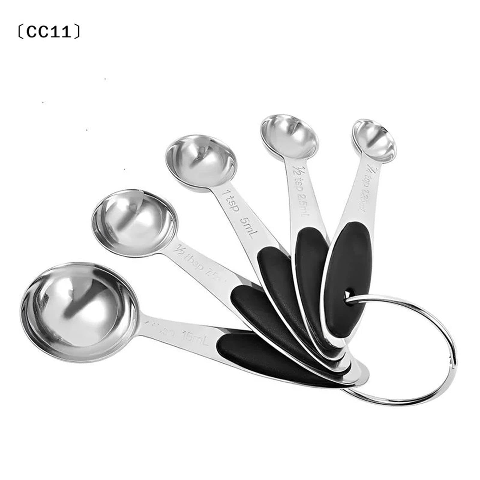 Juego de 5 tazas medidoras de acero inoxidable, cocina y repostería | Apto para lavavajillas, forma redonda para frascos de especias, mangos grabados, se cuelga con aro(Grey)