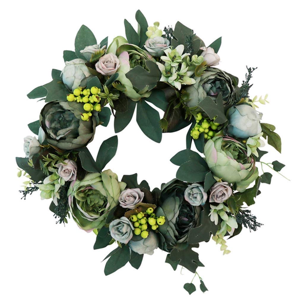 Couronne de Bienvenue Simulation Pivoine Couronne Portes suspendues décoration Murale Portes suspendues à la Main Garland Salle de Mariage Décoration Couronne d'eucalyptus Artificielle