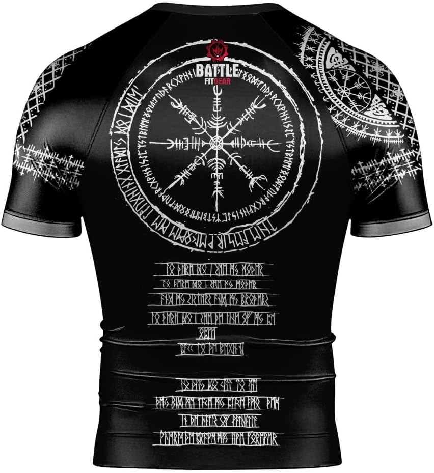 Viking Norse Rune Men's Rash Guard Shirts Short Sleeve, Baselayer Compression Shirt for Jiu Jitsu MMA