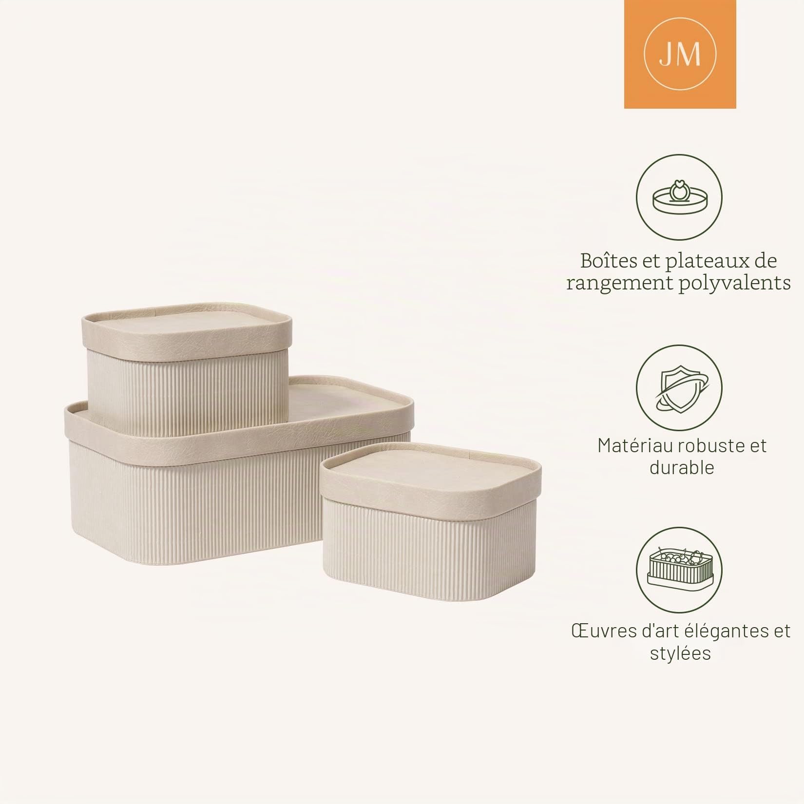 LA JOLIE MUSE Boîtes de Rangement avec Couvercles Set de 3 Conteneurs de Rangement Décoratifs, Organiser Boîte de Rangement Empilable & Plateau en Cuir Vegan, Beige