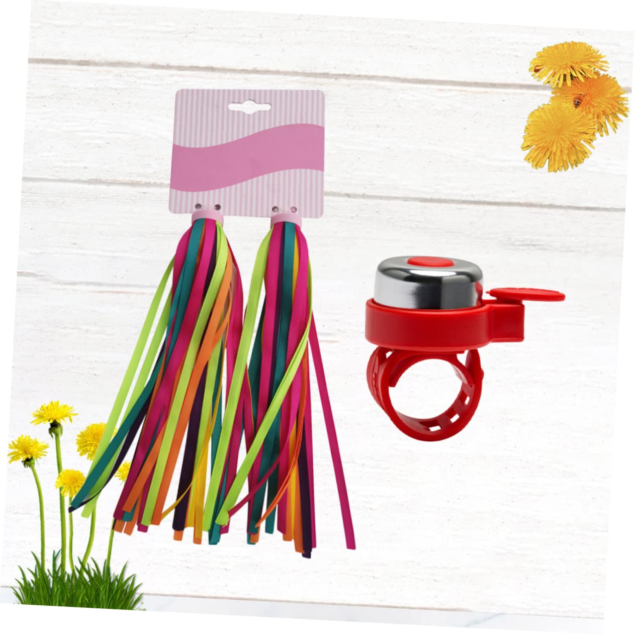 HEMOTON 2Pairs Bike Grips with Handlebar Bell Set Tassels Ribbons for Bicycles and Scooters Fun Accessories for Boys