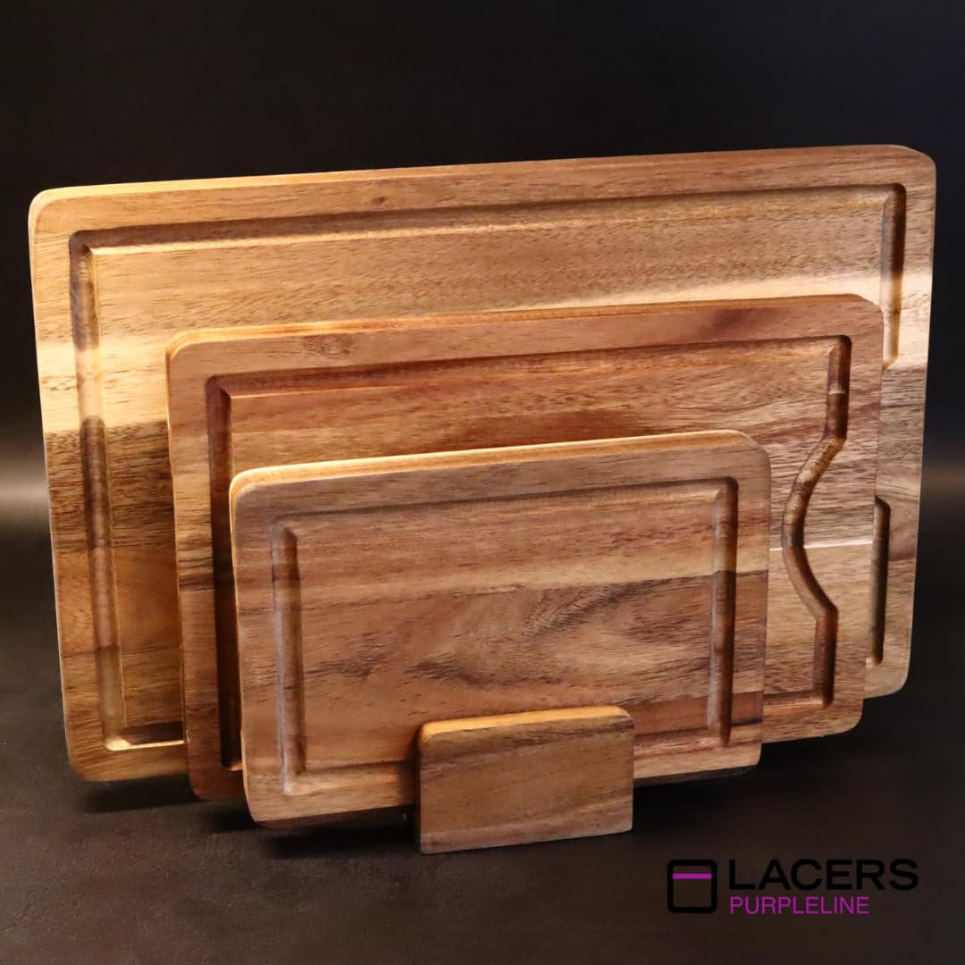 Lacers PurpleLine - Tabla de cortar de madera de acacia de 4 piezas con ranura para jugo y pies antideslizantes, juego de tablas de cortar con soporte, sostenible y versátil, perfecta para cocina,