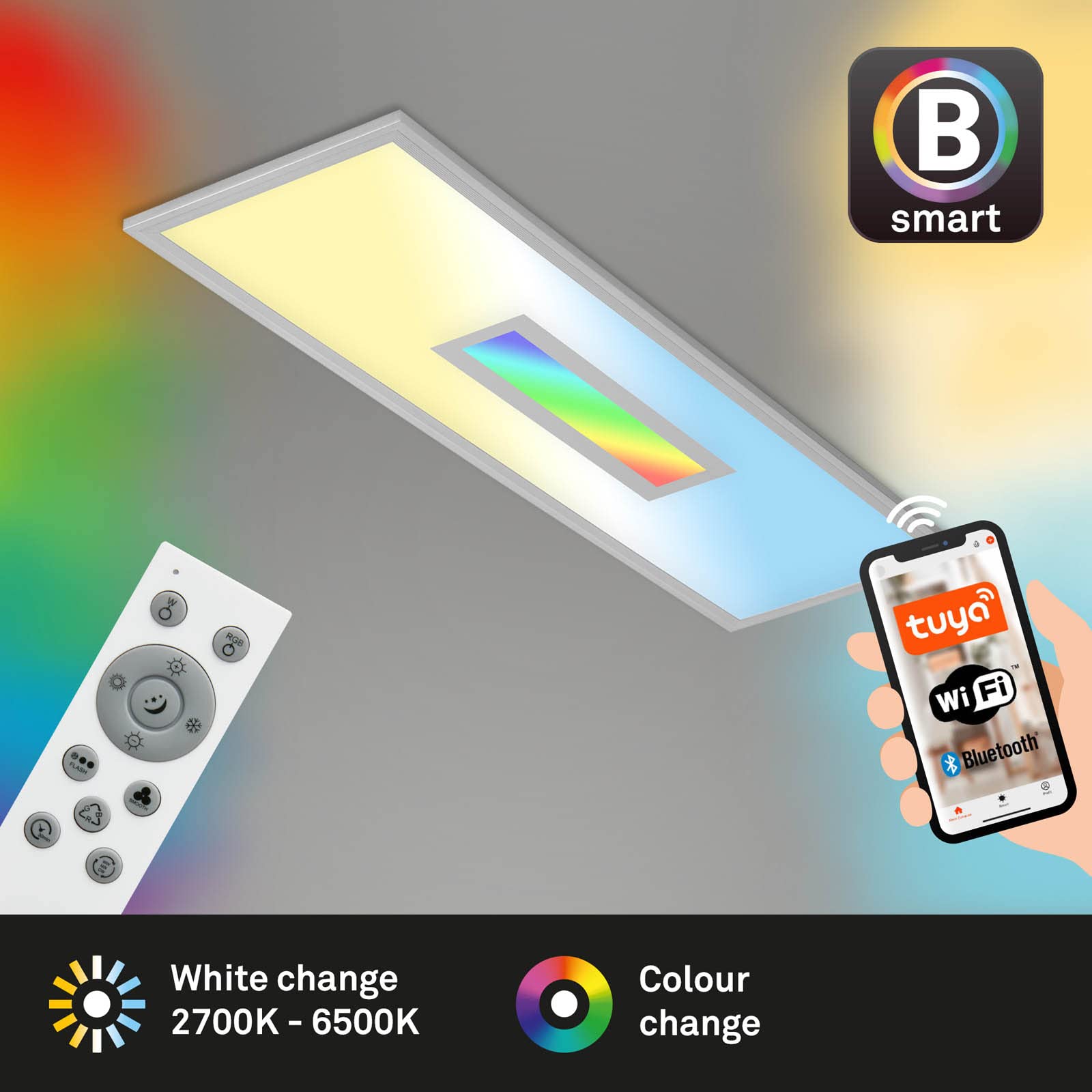 BRILONER - LED Deckenlampe flach Smart Home, funktioniert mit Alexa, buntes RGB+W Licht, Lampe, Deckenleuchte, Wohnzimmerlampe, LED Panel, Schlafzimmerlampe, 100x25x6 cm, Silberfarbig