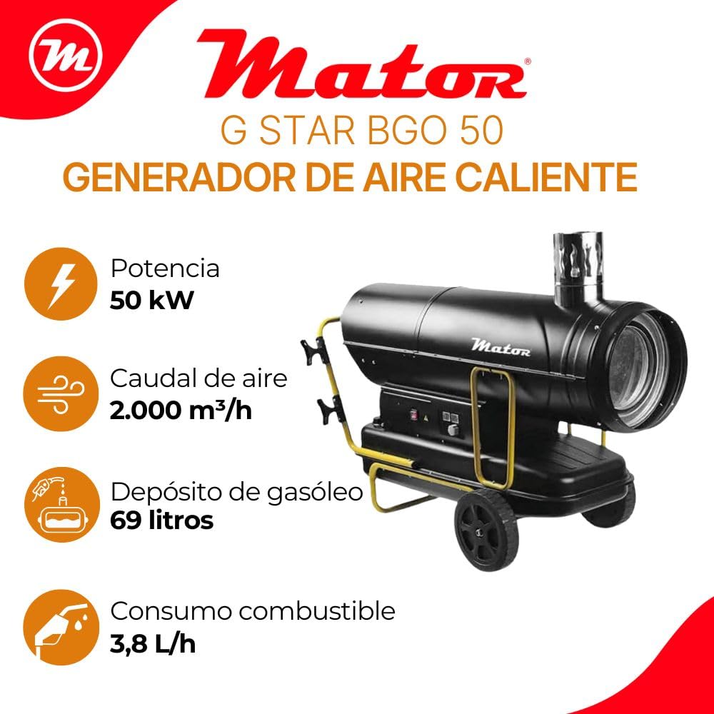 Generador de Aire Caliente Diésel de Combustión Indirecta G-STAR BGO 50, Cañón de Calefacción Portátil - Potencia calorífica 50 kW - 43.000 kcal/h - Caudal de aire 2.000 m³/h