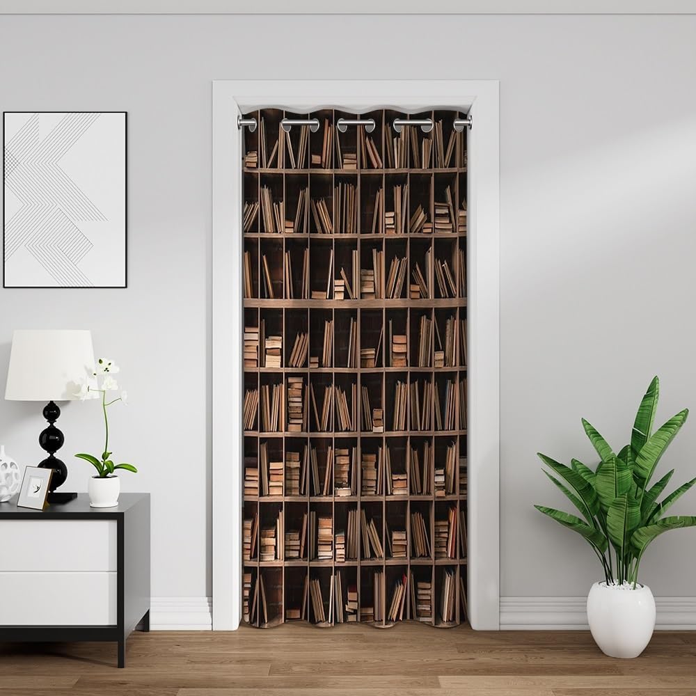 Leyiyi Bookcase Door Curtains for Doorway Privacy Brown Medieval Art Bookshelves Room Divider Curtains Vintage Study Room Antique Books Blackout Curtain for Kids Bedroom Closet 60x80 Inch,1 Panel