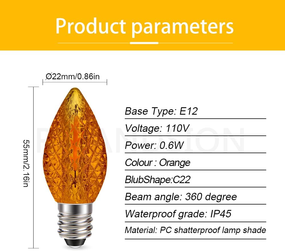 Ruiandsion 5-Pack Orange E12 Bulbs, Shatterproof Halloween Pumpkin Light 0.6W, All-Weather Design for Outdoor Jack-o-Lanterns